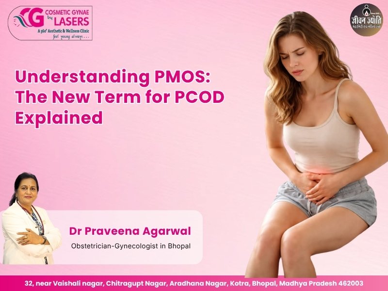 Woman experiencing abdominal pain related to PMOS and PCOD with Dr. Praveena Agarwal promoting women’s hormonal health awareness in Bhopal.